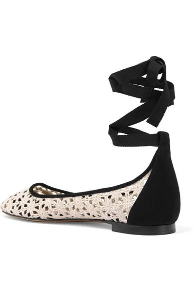 Shop Tabitha Simmons Daria Daisy Lace-up Suede-trimmed Crocheted Ballet Flats