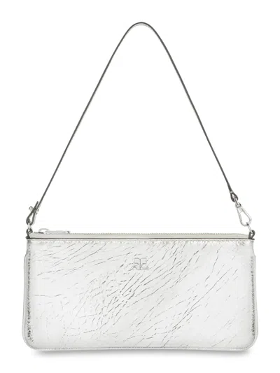 Courrèges Rectangular Zipped Pouch In Crinkled Silver Leather In White