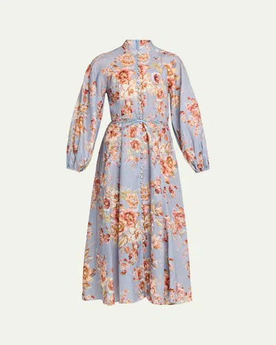 Zimmermann Womens Chambray Floral Billow Long-sleeve Linen Maxi Dress Xxs In Blue