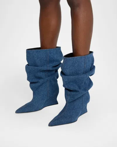 Balmain Scrunched Denim Wedge Ankle Boots In Multi