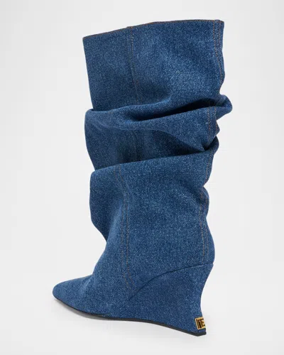 Balmain Scrunched Denim Wedge Ankle Boots In Multi