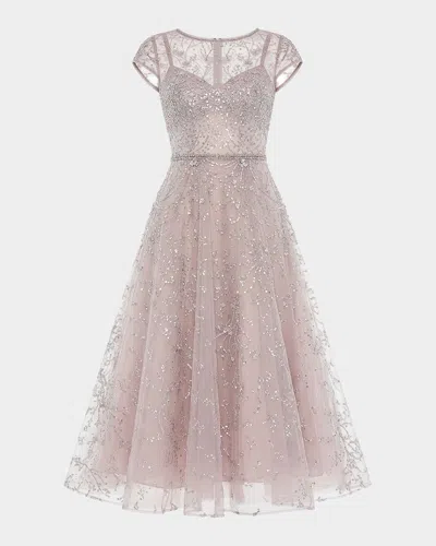 Mac Duggal Embellished High Neck Cap Sleeve A Line Dress In Neutral