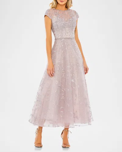 Mac Duggal Embellished High Neck Cap Sleeve A Line Dress In Neutral