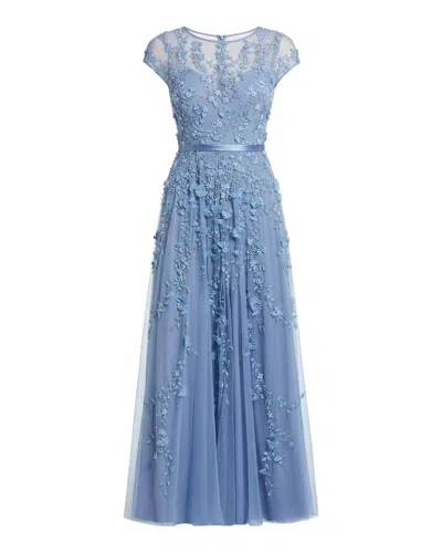 Mac Duggal Floral Embellished Short Sleeve Mesh Gown In Sky Blue