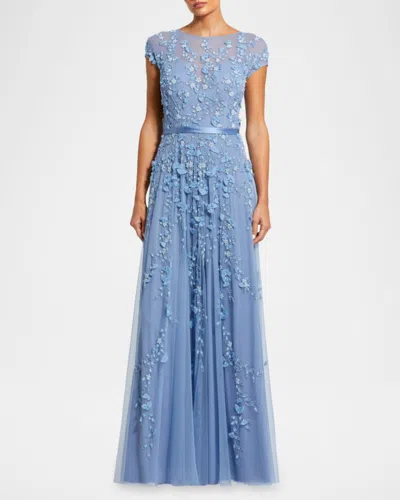Mac Duggal Floral Embellished Short Sleeve Mesh Gown In Sky Blue