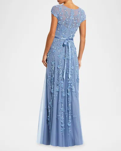 Mac Duggal Floral Embellished Short Sleeve Mesh Gown In Sky Blue