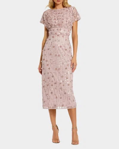 Mac Duggal Cap Sleeve Column Midi Dress With Floral Beading In Vintage Lilac