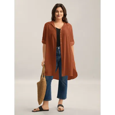 Bloomchic Front-open Long Basic Blouse In Brown