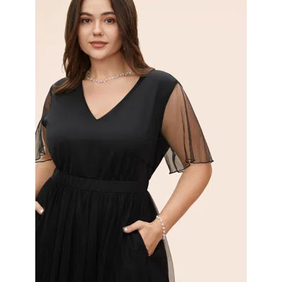 Bloomchic V Neck Mesh Patchwork Split Hem Dress In Black