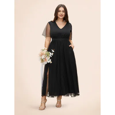 Bloomchic V Neck Mesh Patchwork Split Hem Dress In Black