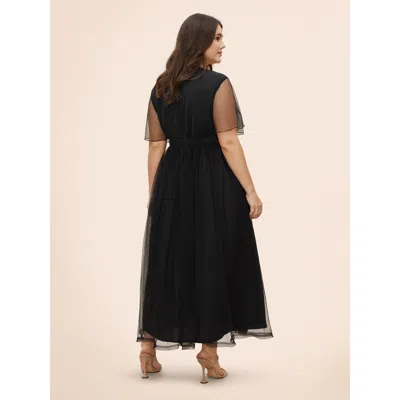 Bloomchic V Neck Mesh Patchwork Split Hem Dress In Black