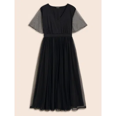 Bloomchic V Neck Mesh Patchwork Split Hem Dress In Black