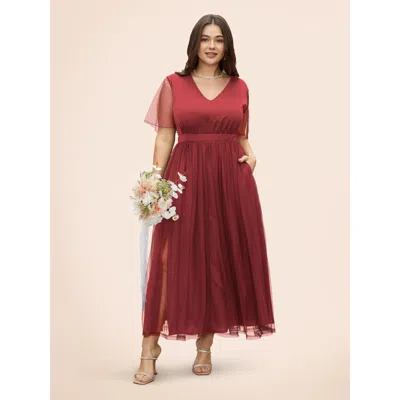 Bloomchic V Neck Mesh Patchwork Split Hem Dress In Red