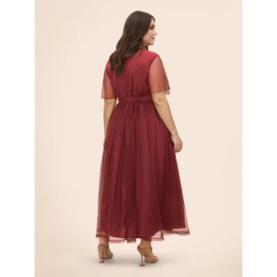 Bloomchic V Neck Mesh Patchwork Split Hem Dress In Red