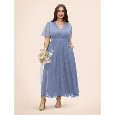 Bloomchic V Neck Mesh Patchwork Split Hem Dress In Gray