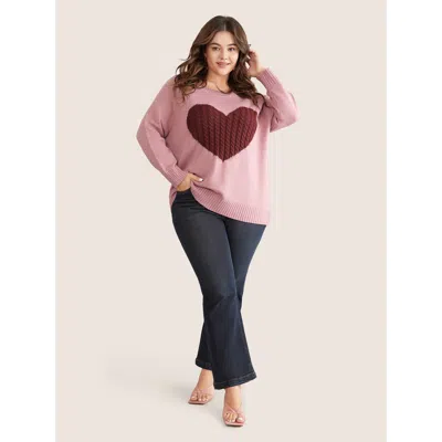 Bloomchic Heart Cable Knit Two Tone Raglan Sleeve Pullover In Pink