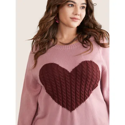 Bloomchic Heart Cable Knit Two Tone Raglan Sleeve Pullover In Pink