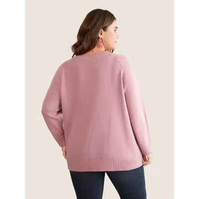 Bloomchic Heart Cable Knit Two Tone Raglan Sleeve Pullover In Pink