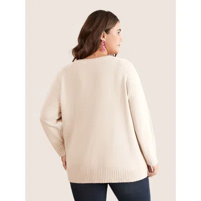 Bloomchic Heart Cable Knit Two Tone Raglan Sleeve Pullover In White