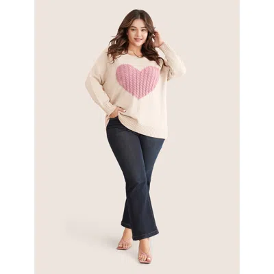 Bloomchic Heart Cable Knit Two Tone Raglan Sleeve Pullover In White