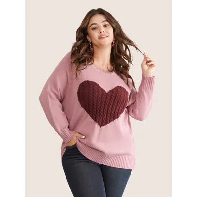 Bloomchic Heart Cable Knit Two Tone Raglan Sleeve Pullover In Pink