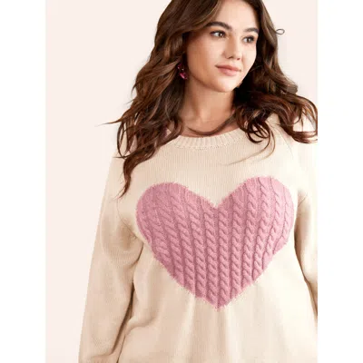 Bloomchic Heart Cable Knit Two Tone Raglan Sleeve Pullover In White