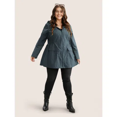 Bloomchic Plain Hooded Drawstring Gathered Zipper Jacket In Blue
