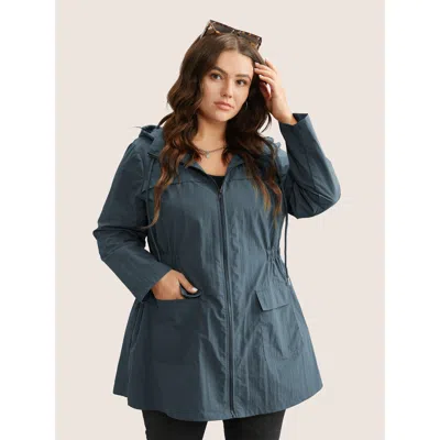Bloomchic Plain Hooded Drawstring Gathered Zipper Jacket In Blue