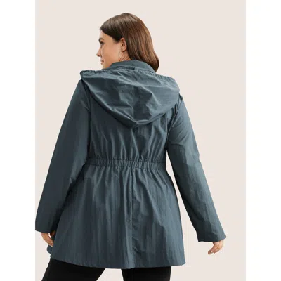 Bloomchic Plain Hooded Drawstring Gathered Zipper Jacket In Blue