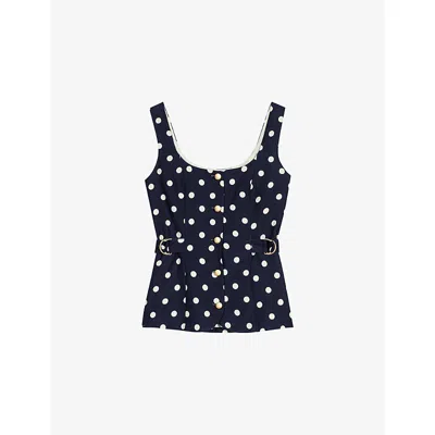Maje Womens Polka Dot-pattern Button-embellished Linen-blend Top Navy Dots Print In Blue