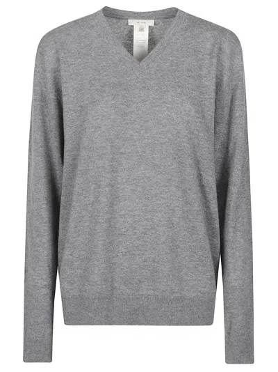 The Row Nian Long Sleeve Top Ribbed V Neckline In Gray