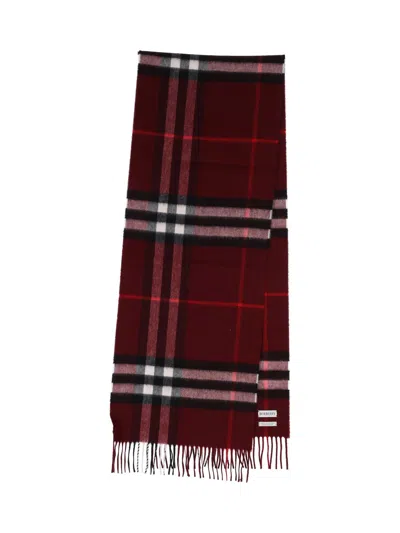 Burberry Check Patterned Cashmere Scarf Fringed Edges In Red