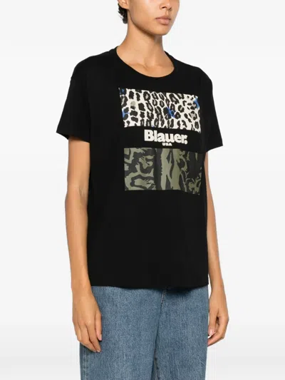 Blauer Logo-print Leopard-pattern T-shirt In Black