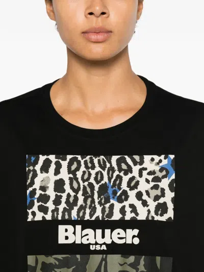 Blauer Logo-print Leopard-pattern T-shirt In Black