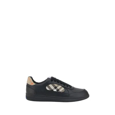 Burberry Men Leather Sneakers With Traditional Check Inserts In Black