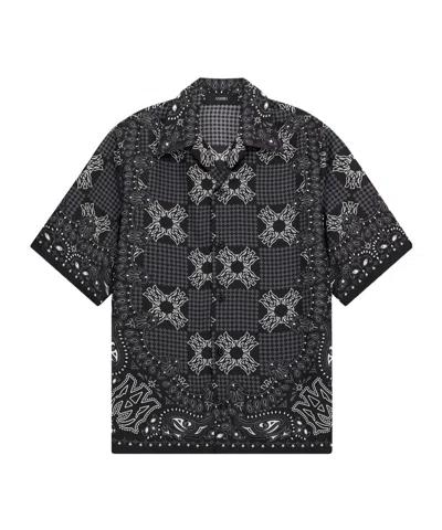 Amiri Silk Bowling Shirt With Cuban Collar And All-over Geometric Print In Black