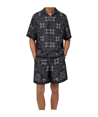 Amiri Silk Bowling Shirt With Cuban Collar And All-over Geometric Print In Black