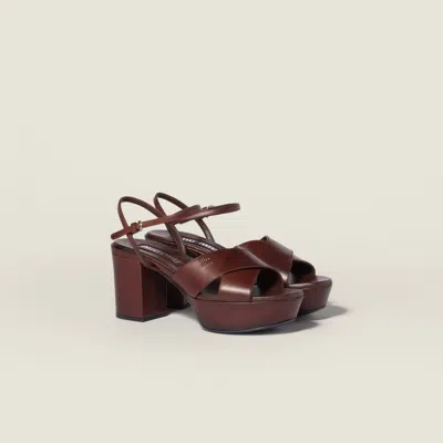 Miu Miu Leather Platform Sandals With 3.5 Cm Plateau And 7.5 Cm Heel In Brown