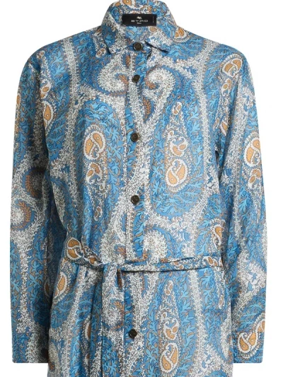 Etro Belted Paisley-print Cotton-voile Midi Shirt Dress In Blue