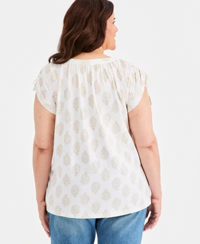 Style & Co Plus Size Drawstring-shoulder Printed Top, Macy's Exclusive In White