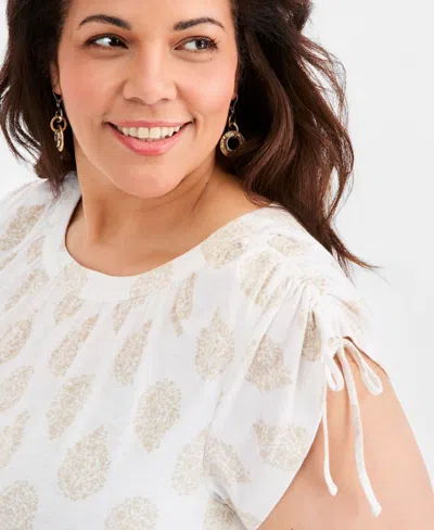 Style & Co Plus Size Drawstring-shoulder Printed Top, Macy's Exclusive In White