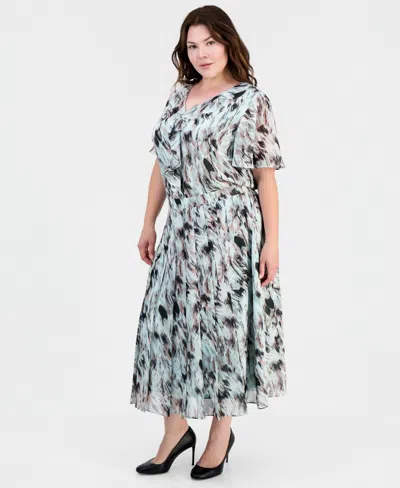 Kasper Plus Size Printed Ruffled Flutter Sleeve Blouse Printed Pull On Midi Skirt In Blue