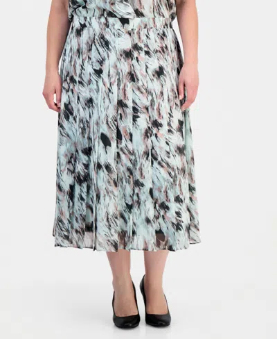Kasper Plus Size Printed Ruffled Flutter Sleeve Blouse Printed Pull On Midi Skirt In Blue