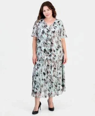 Kasper Plus Size Printed Ruffled Flutter Sleeve Blouse Printed Pull On Midi Skirt In Multi
