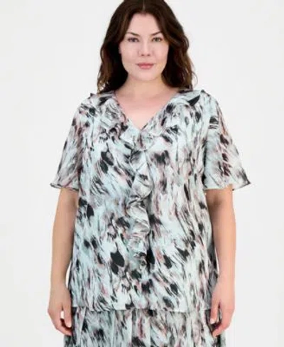Kasper Plus Size Printed Ruffled Flutter Sleeve Blouse Printed Pull On Midi Skirt In Multi