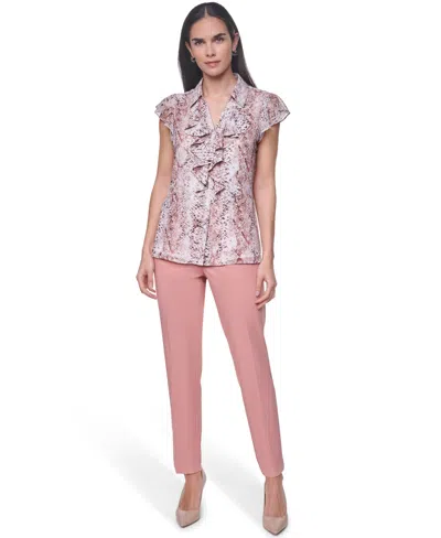 Calvin Klein Women's Collared Ruffle Front Blouse In Multi