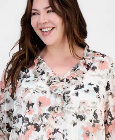 Kasper Plus Size Printed Bell-sleeve Blouse In Multi