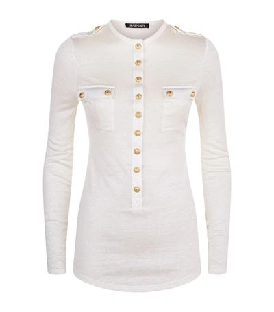 Balmain Linen Blend T-shirt With Embossed Buttons In White