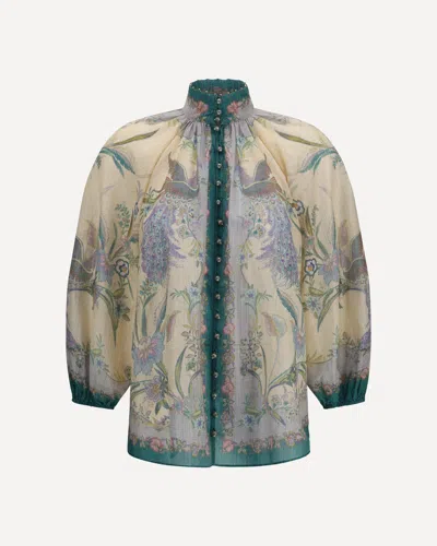 Zimmermann Womens Cream Scarf Floral Indra Billow Cotton And Linen Blend Blouse Xs In Blue