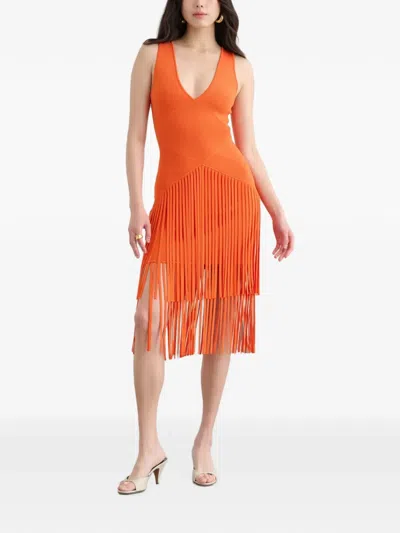 Toccin Patricia V-neck Seamed Midi Dress With Fringe In Orange